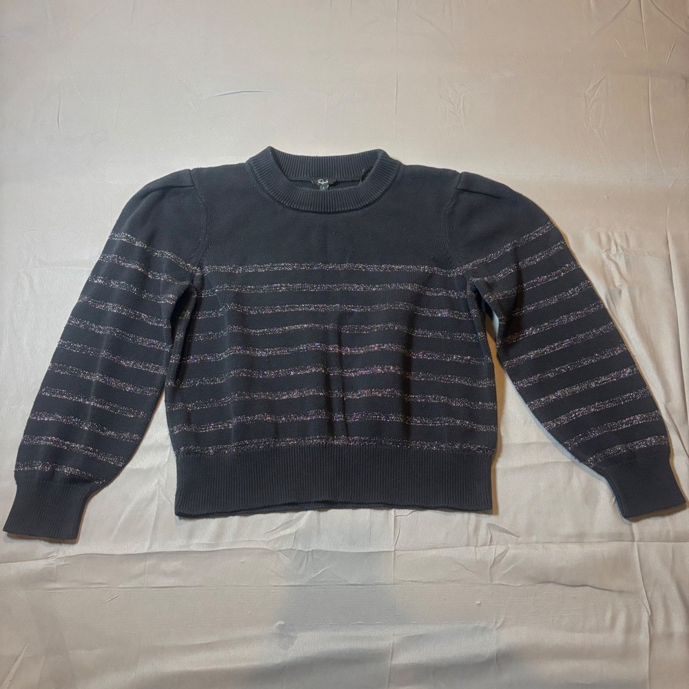 Rails Allegra Black Metallic Striped Puff Sleeve Cashmere Blend Sweater Large